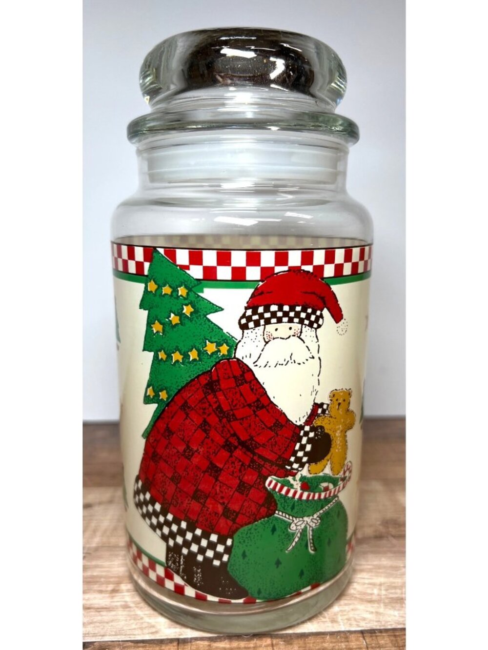 Anchor Hocking 1997 Debbie Mumm Christmas Santa Glass Jar With Lid 89658